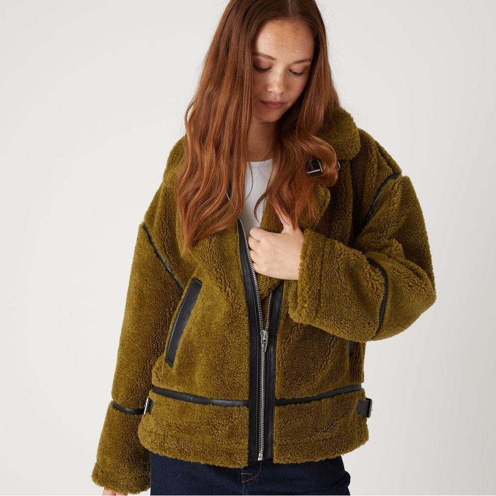Blank NYC Self Talk Sherpa Moto Jacket Moss Green - L - Picture 3 of 8